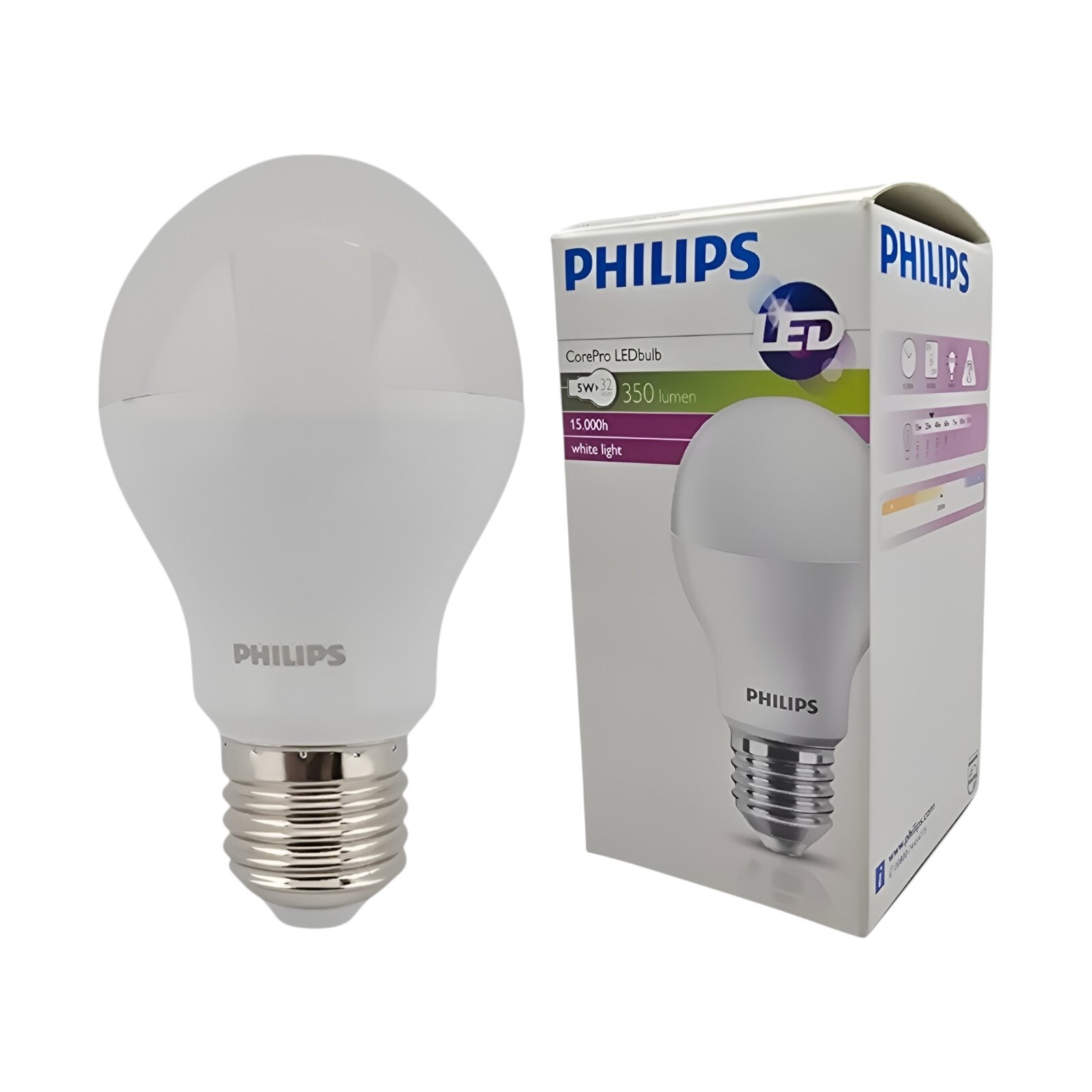 Philips CorePro 5W 3000K Warm White 350lm 15000hrs E27 screw LED bulb