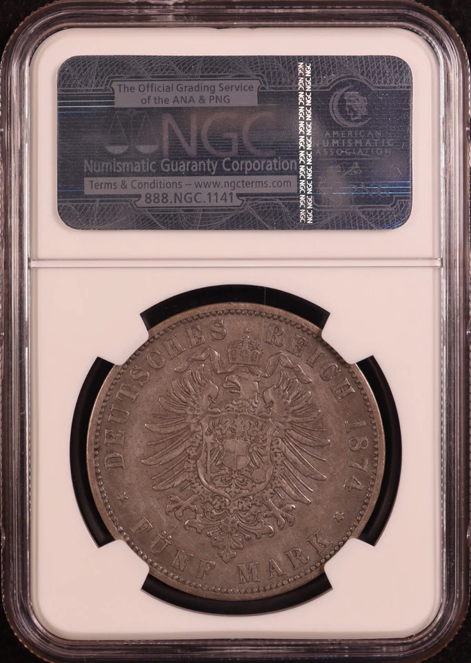 1874-A Germany Prussia "Kaiser Wilhelm I" Silver 5 Mark - NGC VF25 - Original! - Image 3 of 4
