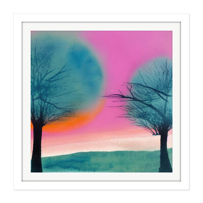 Abstract Sunset Tree Landscape Watercolour Square Framed Wall Art Picture Print