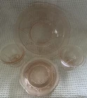 HAZEL ATLAS ROYAL LACE SET-10” BOWL, 5 DESSERT PLATES 6”, 2 SHERBET DISHES PINK