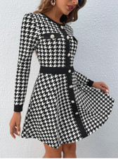 Black and White Privé Houndstooth Print Button Front Dress Sz S M L XL