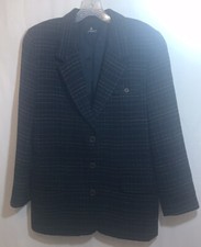 VINTAGE LIZSPORT PETITE Womens Sz 8 Navy Plaid Wool-Blend Lined Long Blazer EUC