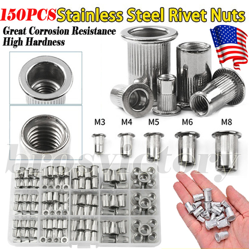 150PCS Stainless Steel Flat Head Threaded Rivet Nuts Blind Nutserts Kit ...