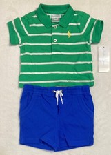 Ralph Lauren 2 pc Polo Shirt Green/White Stripe w/Blue Shorts Set Size 12M NWT