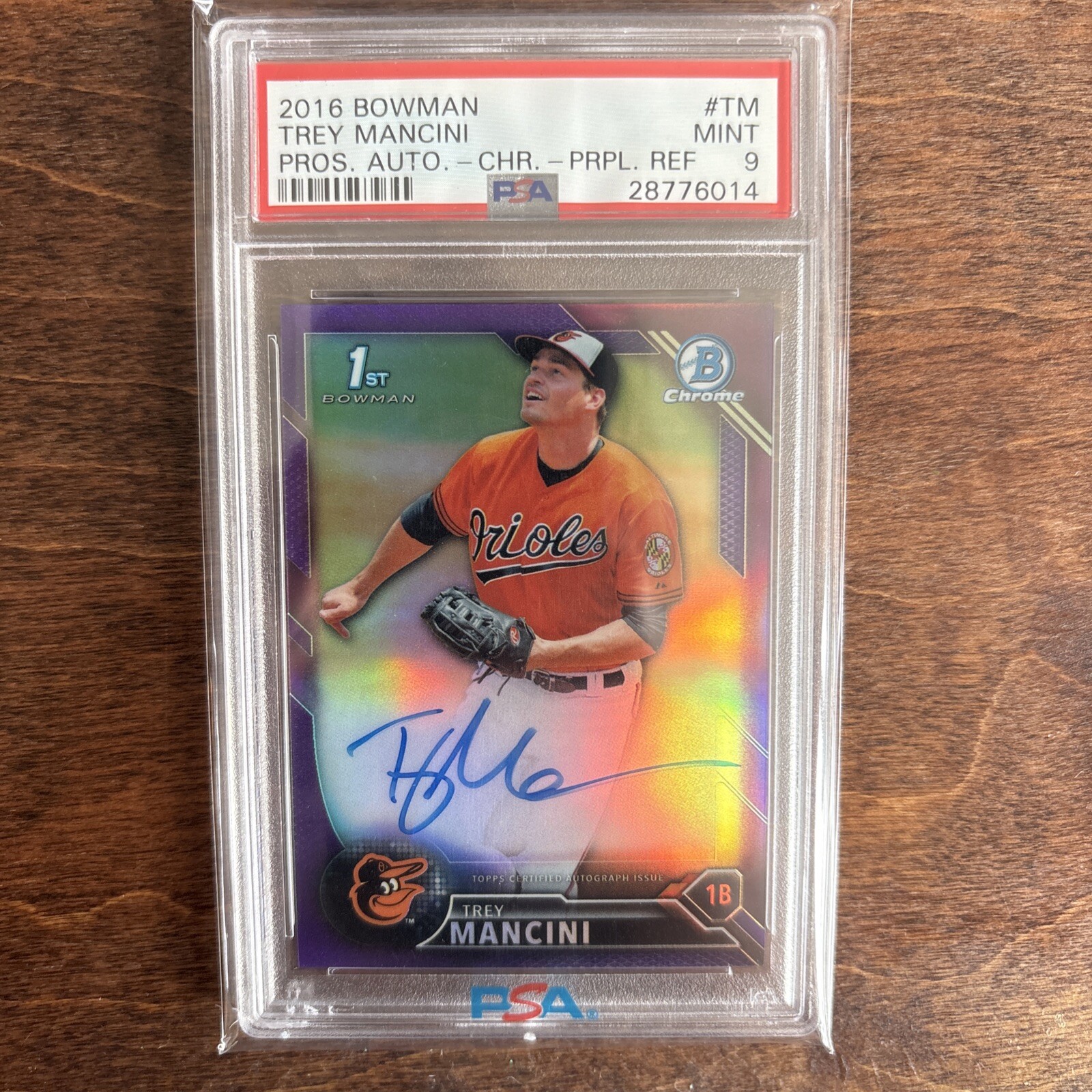 TREY MANCINI ~ 2016 Bowman Chrome 1st PURPLE REFRACTOR /250 AUTO PSA MINT 9