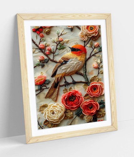 EMBROIDERY BLOSSOM TREE WITH BIRD -FRAMED WALL ART POSTER PAPER PRINT - Picture 10 of 11