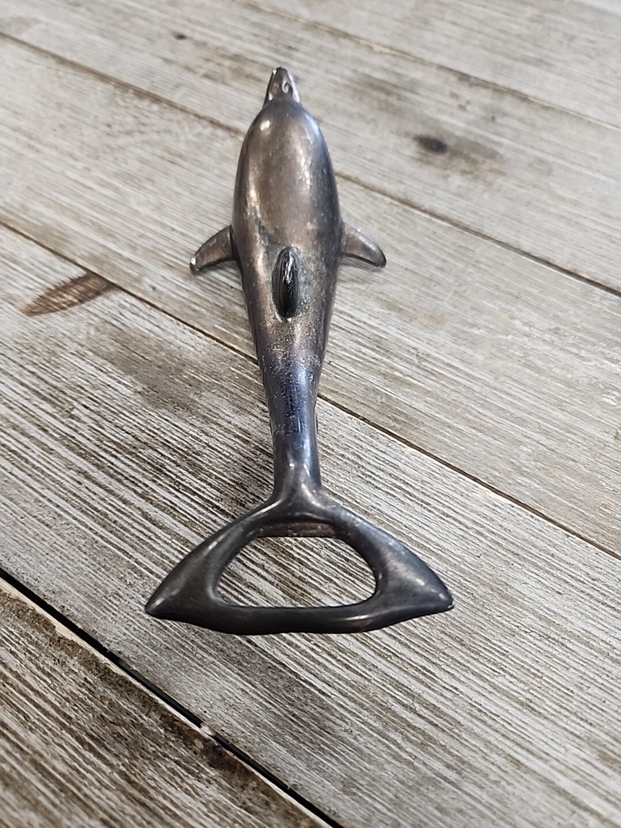 Vintage Dolphin Bottle Opener Silver Plate Dual Pop Up & Screw Off