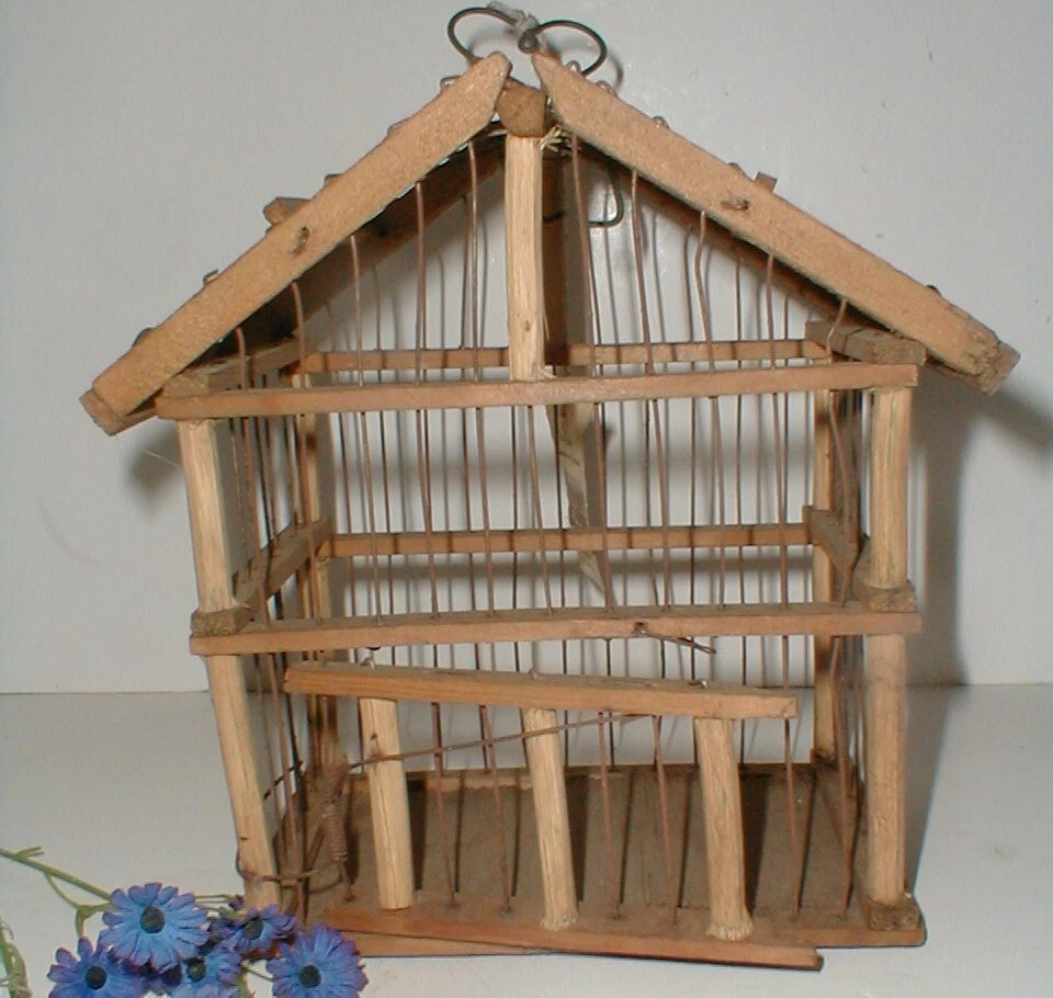 Rustic Garden Sunroom Decor Wooden & Wire Bird Cage House w Heart Metal Hanger