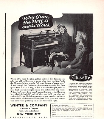Winter & Co Piano Manufacturing Musette Upright Piano 1939 Vtg Magazine Print Ad