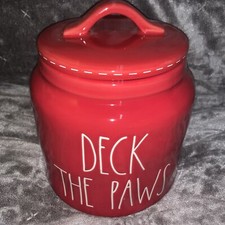 RAE DUNN DECK THE PAWS Medium CANISTER RED HOLIDAY CHRISTMAS Treat Jar New