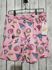 Mens Swim Trunks Medium Pink Geometric Shapes Drawstring Pockets Elastic Waist