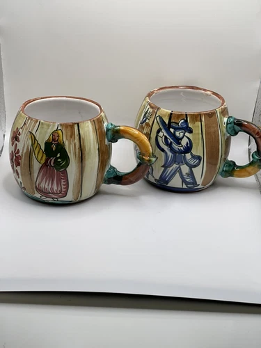 Vintage Set of 2 ~ Jumbo Mugs Hand Painted Numbered Italian Pottery 3 3/4" Tall