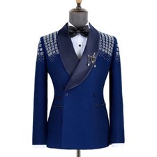 New Men's Royal Blue Velvet Suits Shawl Lapel Double Breasted Jacket with Black 