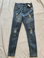 Boohoo Man Spray On skinny ripped biker jeans Mens Size 32 Distressed Button NEW