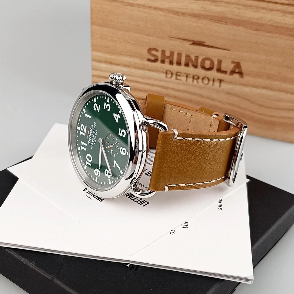 Men's Shinola Runwell 47mm Green Dial Brown Leather Strap Quartz Watch - Image 4 of 4