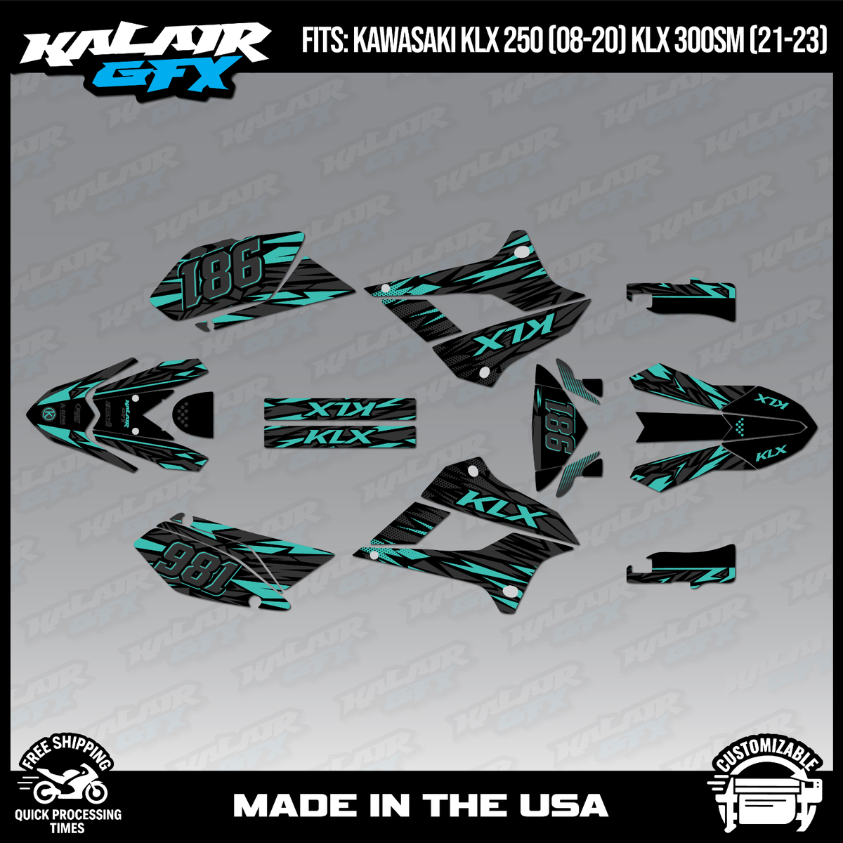 Graphics Kit for Kawasaki KLX250 2008-2020 and KLX300SM 2021-23