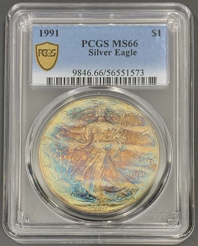 1991 PCGS MS66 American Silver Eagle Dollar $1 - Unique Striped Dual Side Toned