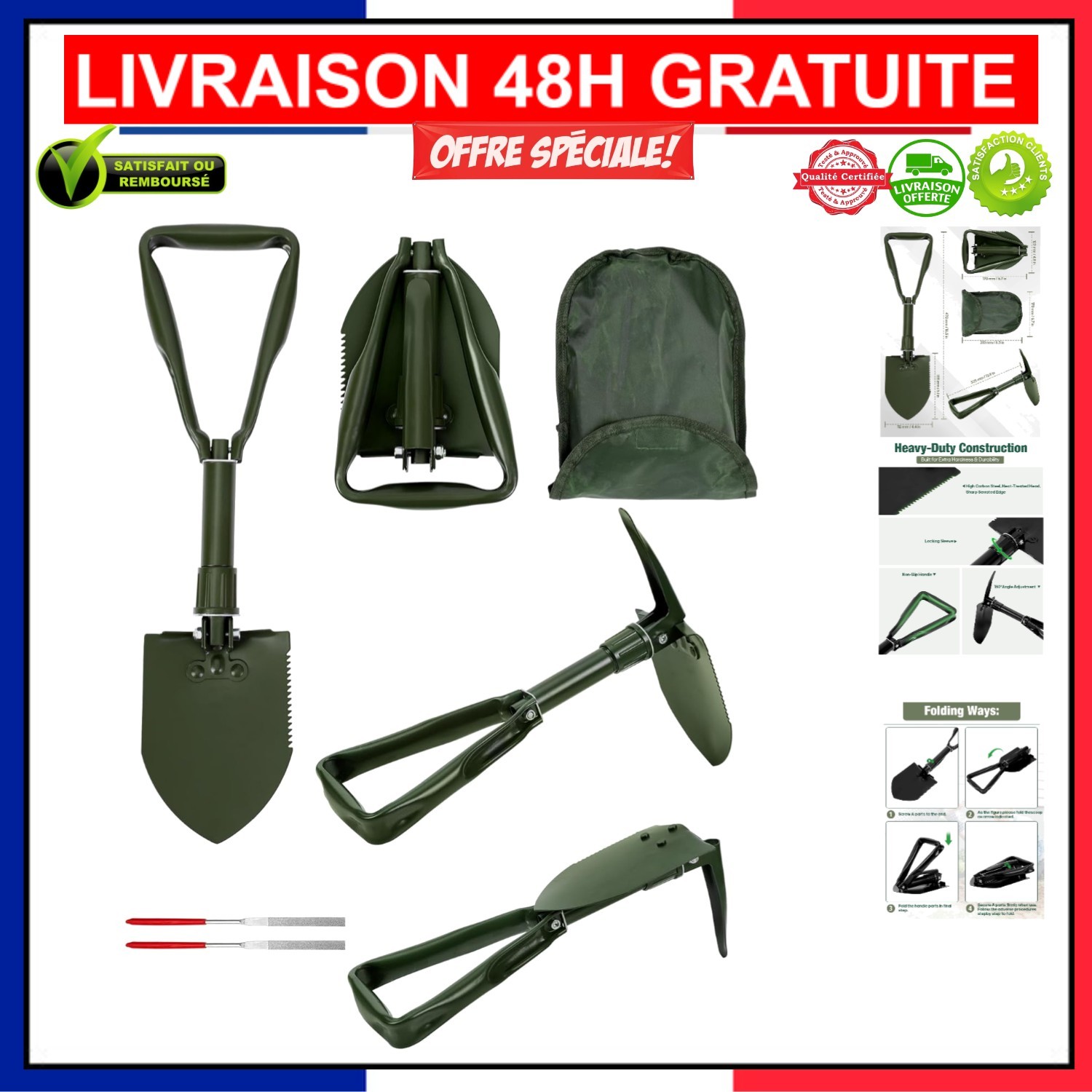 Pelle Pliante Résistante 47 cm - Outil de Camping Pliable en Acier