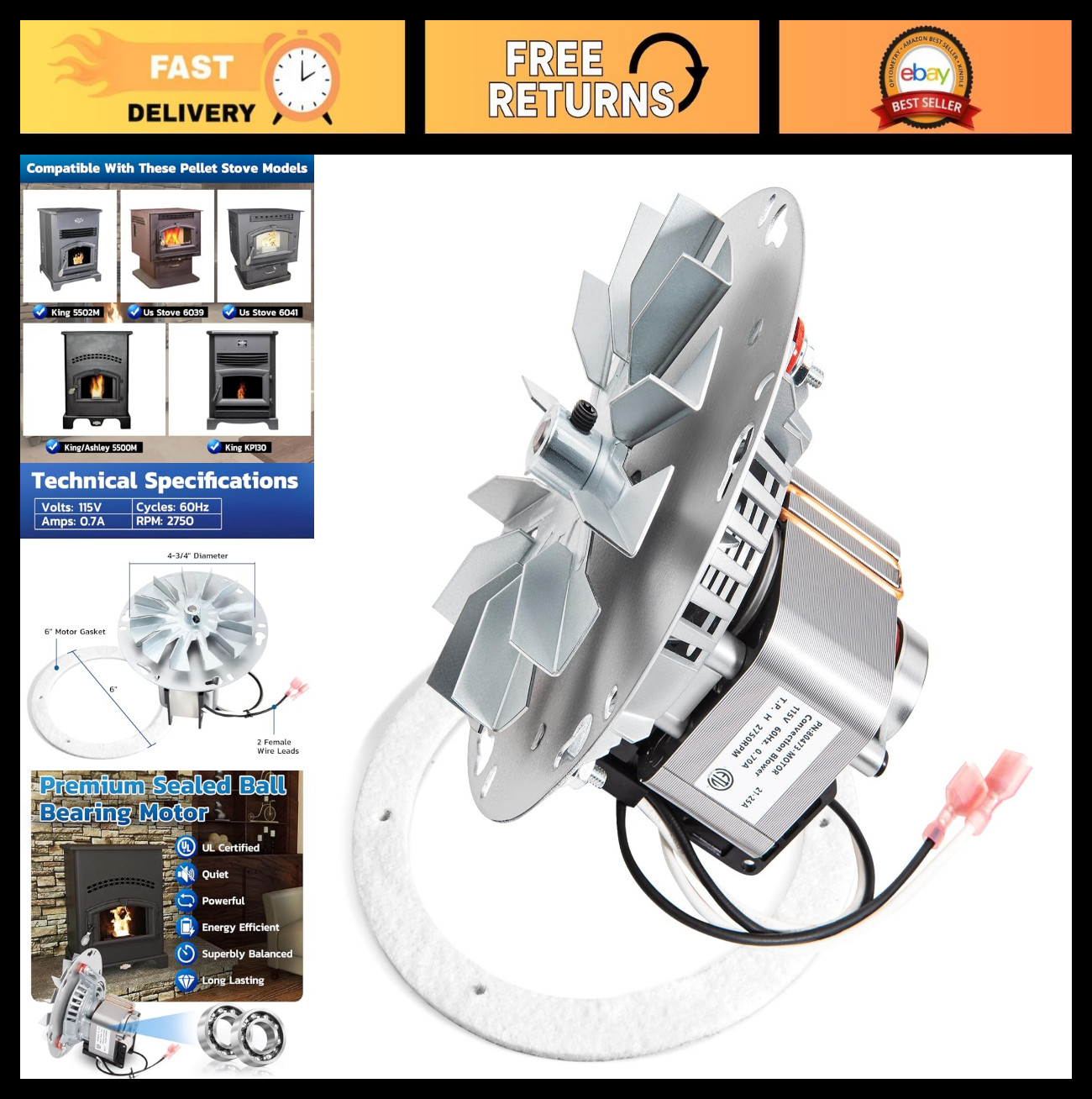 Exhaust Blower Motor Replacement for Pellet Stoves, Fits USS