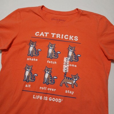 NWT! Life is Good Women's Size Medium Tabby Cat Tricks Crusher Tee Mango Orange