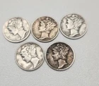 Lot of 5 Mercury Dimes,  90% Silver -  Read