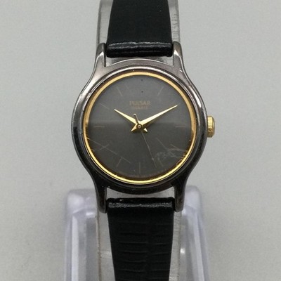 Pulsar Womens Watch 22mm Black Dial Two Tone Black Leather V811-1700 New Battery
