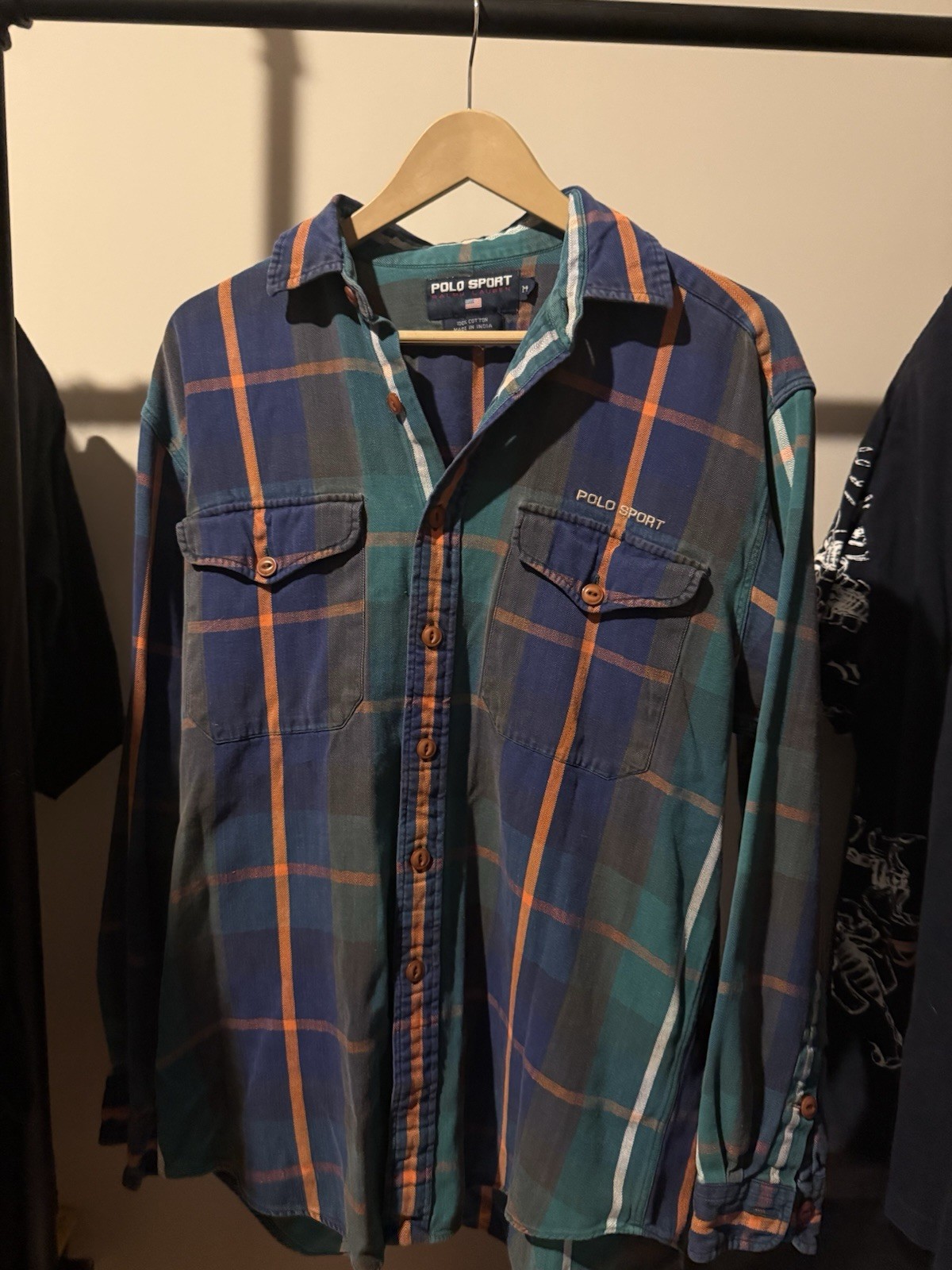 VTG Polo Sport Ralph Lauren Shirt Men M Herringbone Twill Heavy Cotton Plaid 