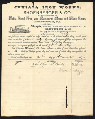 1870 Juniata Iron Works Steamer ''Sioux City'' Pittsburgh Bill of Lading