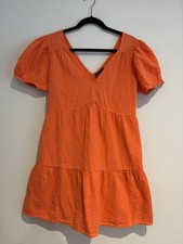Gap Cotton Gauze Dress Orange V-Neck, Puff Sleeve, Tiered Design Petite-large