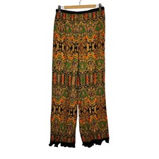 Vintage Lynn Stuart High-Waisted Palazzo Pants Black Multicolor Print Ruffle Hem