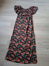 Be You Black Floral Rose Print Silky Maxi Dress Bardot Frilled Neckline UK12/14