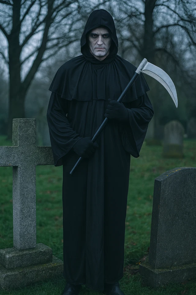 Adulto Parca Muerte Negro Bata con Capucha Halloween Vestido Elegante Disfraz Foto 2 de 4