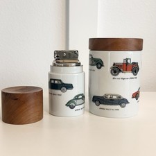 Vtg Bmw Germany Porcelain Tabletop Lighter Cigarette Jar Set Automobiles Read