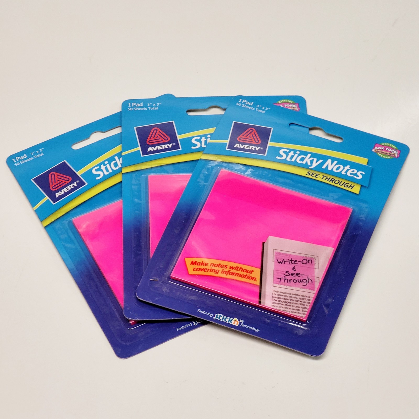 Pink Square 3"x3" See-through Sticky Notes -3 Pads Of 50