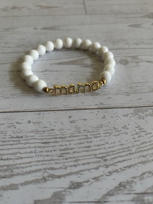 8mm White Mashan Jade Beaded Stretch Bracelet With Colorful  Word mama Link