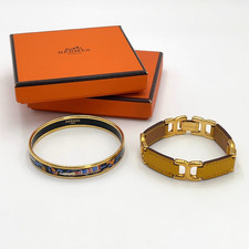 Auth Hermes Enamel Bangle PM GP/H Bracelet GD Leather Y Engraved W/Box BA060071