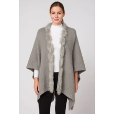 Faux Fur Trimmed Gray Knit Shawl Cardigan Open Front Cozy Cape Wrap One Size