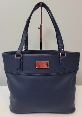 Tommy Hilfiger Blue Tote Bag Crossgrain Faux Leather Shoulder Purse