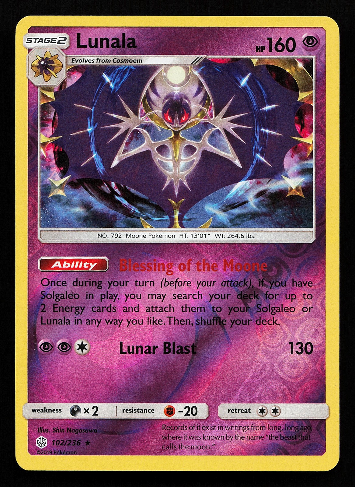 Lunala 102/236 Reverse Holo Rare Cosmic Eclipse Pokémon Card