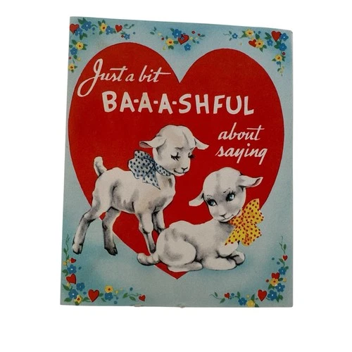 Vtg 40’s  BA—A-A-SHFUL  Lamb Sheep Wearing Bows Folded Card Valentine