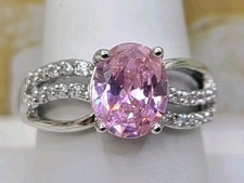 Sterling Silver 925 Pink Solitaire Gemstone Clear Accents Ring sz 9