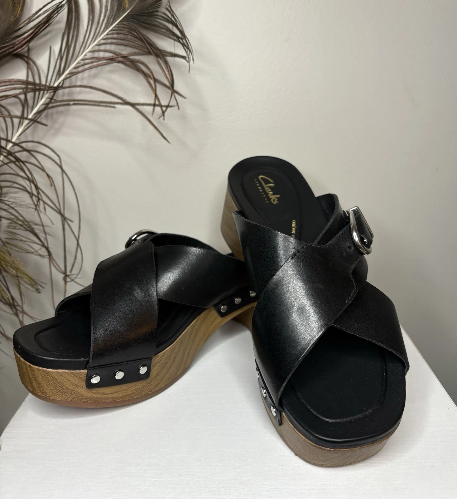 CLARKS Clark’s Sandalo donna in pelle con plateau incrociato nero taglia 7 5M