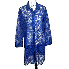 Vtg 90s Victoria's Secret Gold Label Satin Lace Button Up Night Shirt M/L Blue
