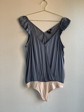 PAIGE Blue Gray V-Neck Wrap-Front Flutter Ruffle Sleeve Satin Bodysuit Women  s L