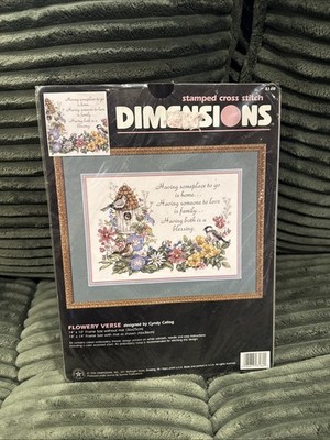Vtg Dimensions Stamped Cross Stitch Kit 3160 Flowery Verse Birds Cyndy Callog