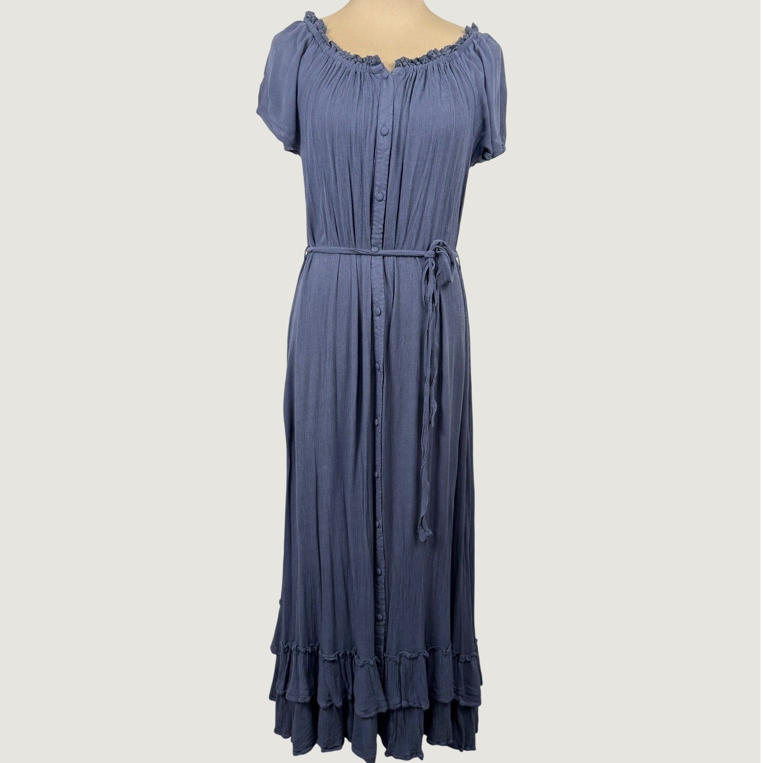 Easel Maxi Dress Womens Large Blue Crinkle Cottagecore Boho Ruffle Button Front