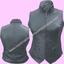 Ladies Women Lambskin Black Leather Vest Zipp...