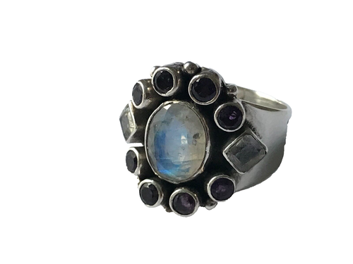 Moonstone & Amethyst Ring 925 Silver Art Deco Vintage Moonstone Ring - Size P - 第 2/12 張圖片