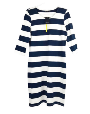 NWT Esmara Knit Stretch Fitted Dress Nautical Navy Striped 3/4 Sleeve Size 16/18