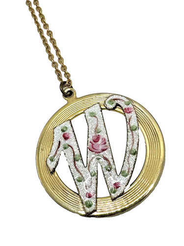 Vintage Guilloche Emaille Anhänger Halskette Monogramm Buchstabe mit rosa Rosen 18"
